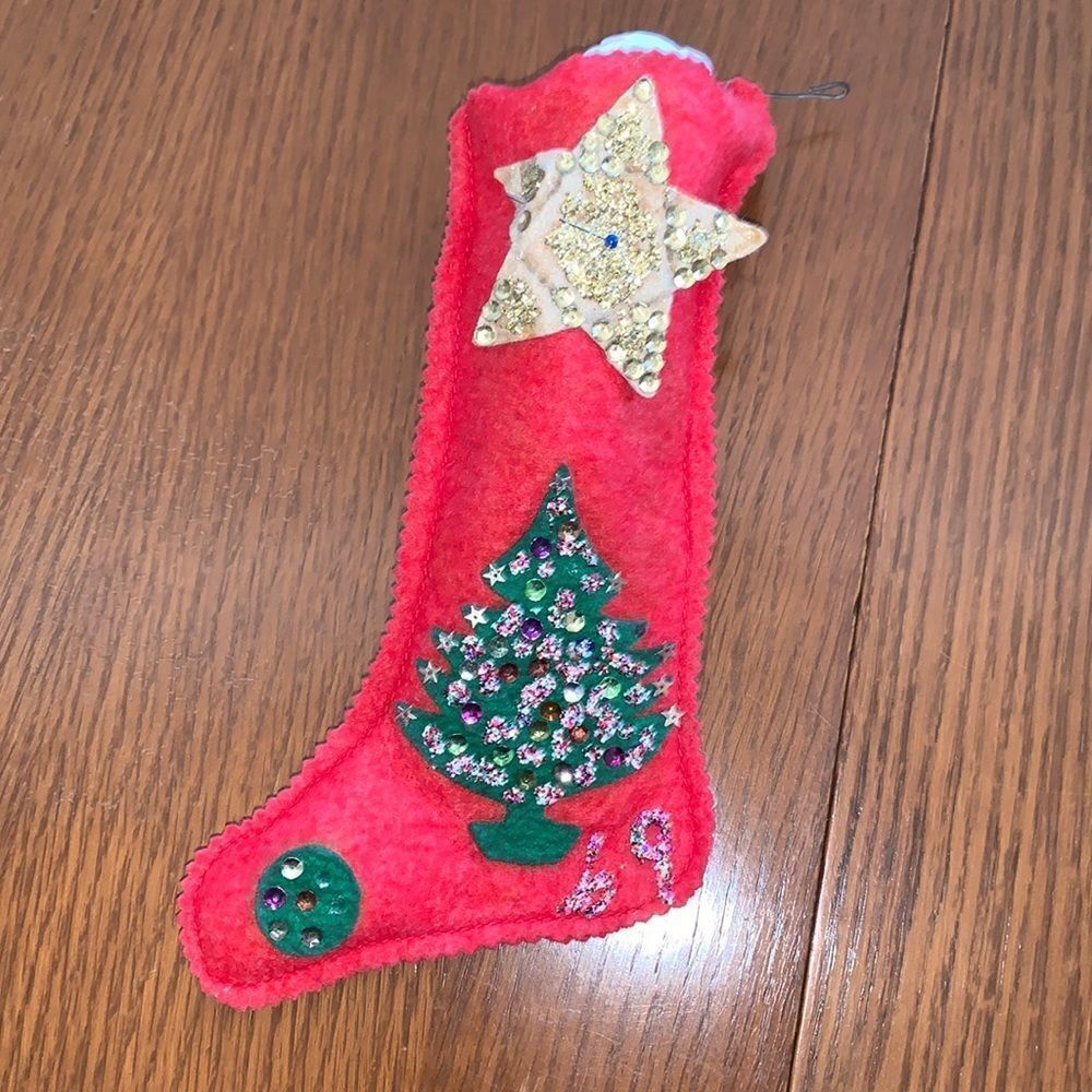 Vtg 1969 hand decorated small red felt Christmas stocking